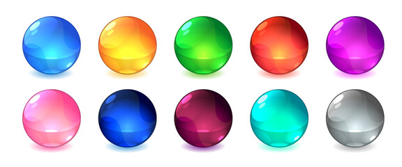 Color marbles. Shiny glossy game asset, multicolored glass balls, transparent colored spheres, cartoon 3d toys, multicolored bubbles shots items, buttons tidy vector realistic isolated set