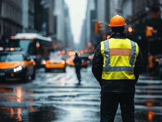Construction Worker Overseeing Busy City Street