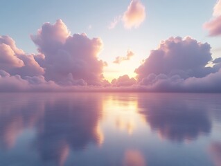 Serene sunset over calm ocean reflected in water.