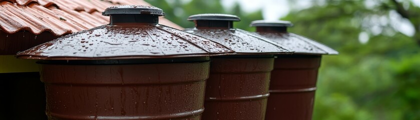 Naklejka premium Closeup of rainwater cascading down a residential roof in soothing downpour rain