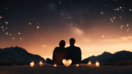A romantic couple sits together under a starry sky, surrounded by candles, symbolizing love and intimacy in a serene outdoor setting.