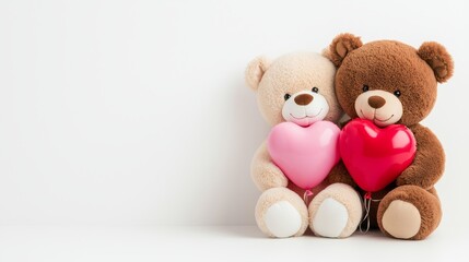 A pair of teddy bears holding heart-shaped balloons in pink, red, and white.