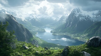 Obraz premium Majestic mountain view over serene lake nature landscape outdoors