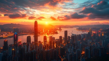 Fototapeta premium Sunset over hong kong skyline urban landscape photography view