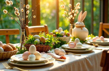 A table set for Easter dinner with Easter eggs and an Easter bunny figurine. Illustration of a traditional Easter lunch, vegetarianism, healthy eating.
