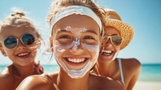Laughter fills the air as a cheerful family enjoys a sunny beach day, applying sunscreen together to protect their skin while creating joyful spring memories