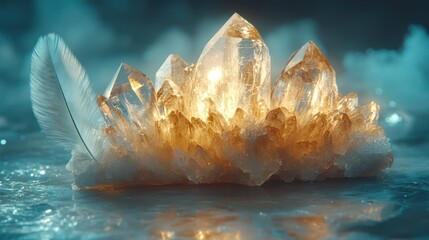 Luminous Crystals Surrounded by a Feather on an Ethereal Glossy Surface