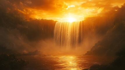 Naklejka premium Majestic waterfall at sunset nature scene tranquil environment