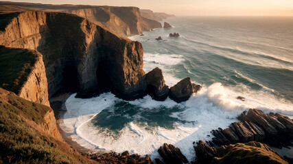 A Rocky Coastline with Crashing Waves and Dramatic Sky at Sunset