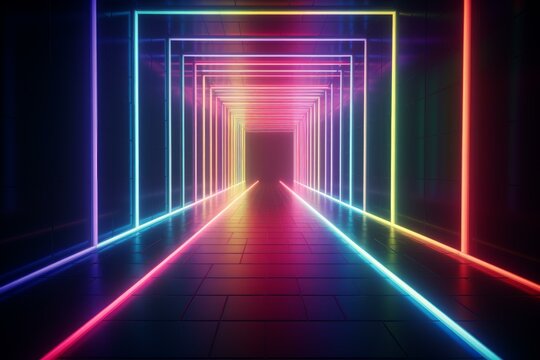 Vibrant neon lights create a colorful spectacle in a dark corridor, their glow reflecting on the polished floor