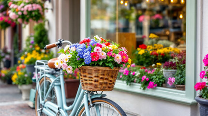 Parked blue bicycle with a wicker basket full of colorful flowers near a charming storefront window reflecting vibrant greenery.