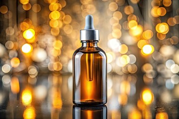 Amber glass dropper bottle, gleaming silver cap, vibrant orange label; pristine high-resolution product shot.