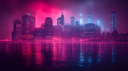 Neon Cityscape Reflecting In Dark Water At Night