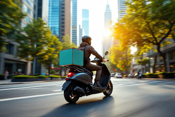 Rear View of a Delivery Driver on a Black Scooter with a Green Delivery Box Driving Through a...