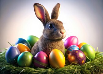 A nocturnal bunny, silhouetted, guards gleaming white Easter eggs in a mystical, dark setting.