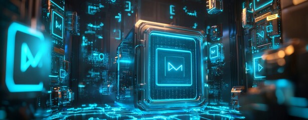 Fototapeta premium Futuristic Digital Vault with Glowing Blue Firewalls
