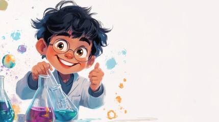 22.Cartoon artwork of a young boy in a lab coat, grinning as he examines a flask filled with vibrant liquid, with whimsical details and a crisp white backdrop.