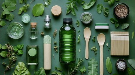 Exploring natural ingredients herbal products flat lay green aesthetic