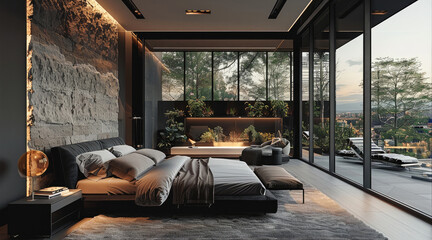 Modern minimalist bedroom design, floor-to-ceiling glass windows, warm ambient lighting, natural stone accent wall, sleek black and white furniture, plush bedding.