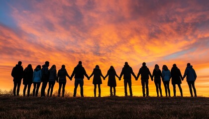 Silhouetted Friendship Group Holding Hands Against a Dramatic Sunset Sky, Emphasizing Togetherness