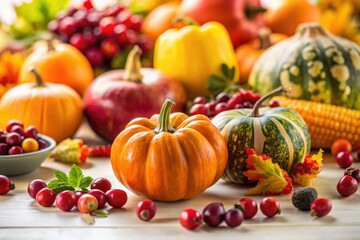 Autumn harvest bounty: Tilt-shift photography captures a vibrant still life of Thanksgiving fruits and vegetables.