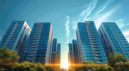 Obraz premium Modern high-rise apartment buildings, clean and contemporary design, natural landscape blending with urban architecture, lighting and reflections on glass windows, calm and peaceful atmosphere.