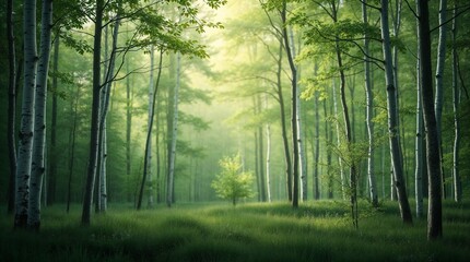 Obraz premium Dense Forest with Sunlight Filtering Through