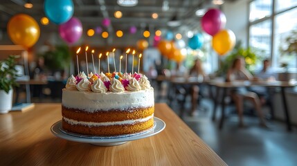 Vibrant Office Birthday with Cake and Balloons Embodying Teamwork and Success