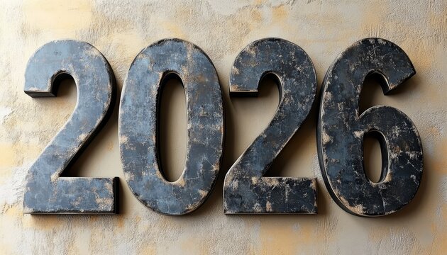 Rustic Wooden Numbers 2026, New Year Concept, Distressed Finish On Textured Background - Powered by Adobe