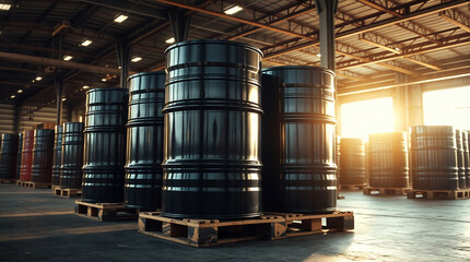 Black metal barrels storing chemicals or oil in warehouse 