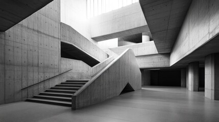 Modern concrete architecture interior with staircase and natural light.