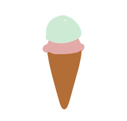 An ice cream cone has a light green and a pink scoop on a brown cone, in a simple style isolated on white background vector illustration