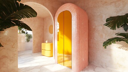 Peach archway entrance with yellow door.