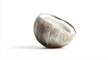 Pojedynczy kokos na białym tle, wyróżniający się szczegółową teksturą swojej skorupy, z naturalnym pięknem uwiecznionym w pełnej głębi ostrości.