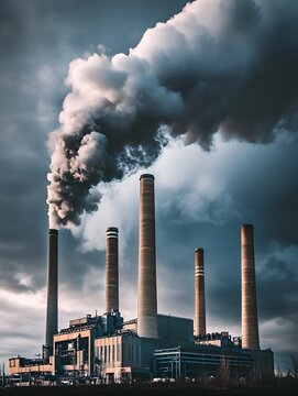 An old factory or power plant releases smoke into the sky, polluting the environment. Concept of global warming or environmental pollution.