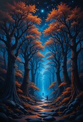 A Mystical Night Forest Path Underneath a Starry Sky