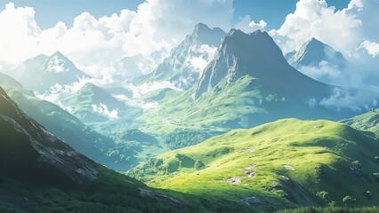 Mountain Landscape: Green Hills and Majestic Peaks