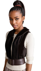 Portrait of a beautiful modest black American woman in a Christmas-themed winter vest. Cut out
