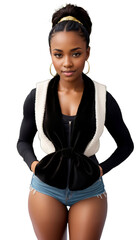 Portrait of a beautiful modest black American woman in a Christmas-themed winter vest. Cut out