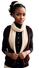 Portrait of a beautiful modest black American woman in a Christmas-themed winter vest. Cut out