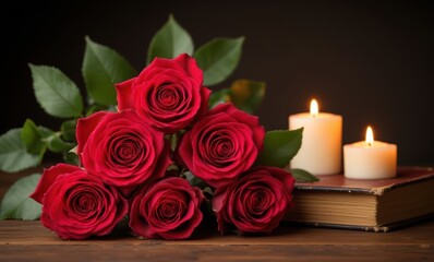 Red roses and candles on a table