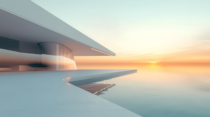 Minimalist modern architecture blending with ocean and sky