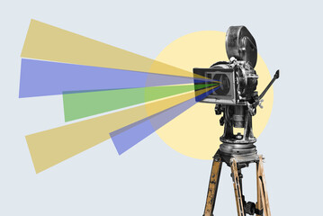 Big retro film camera. Vintage cinema poster. Contemporary flat design art collage