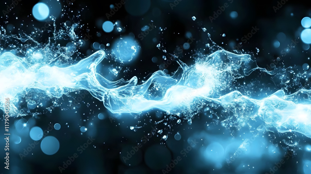 Poster a mesmerizing blue wave of water splashes against a dark background, creating a stunning visual effe