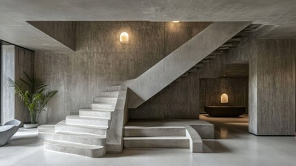 Modern concrete staircase in minimalist interior.