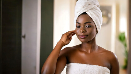Stunning portrait of a young woman with dark skin, wrapped in a white towel after a shower.  She gently touches her face, exuding natural beauty and serenity.