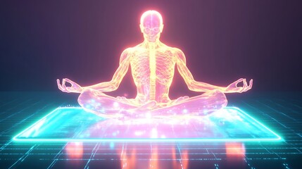 Fototapeta premium Serene 3D Render: Glowing Anatomical Figure Meditating on Futuristic Pad. AI Generated