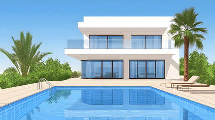 Fototapeta premium A modern white villa with large glass windows, surrounded by greenery and featuring a swimming pool under a clear blue sky