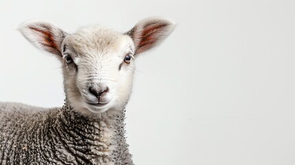 A young lamb looks directly at the camera.
