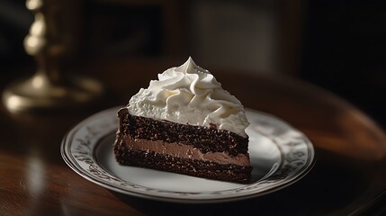 A fresh slice of chocolate cake topped with whipped cream resting on a fine porcelain plate